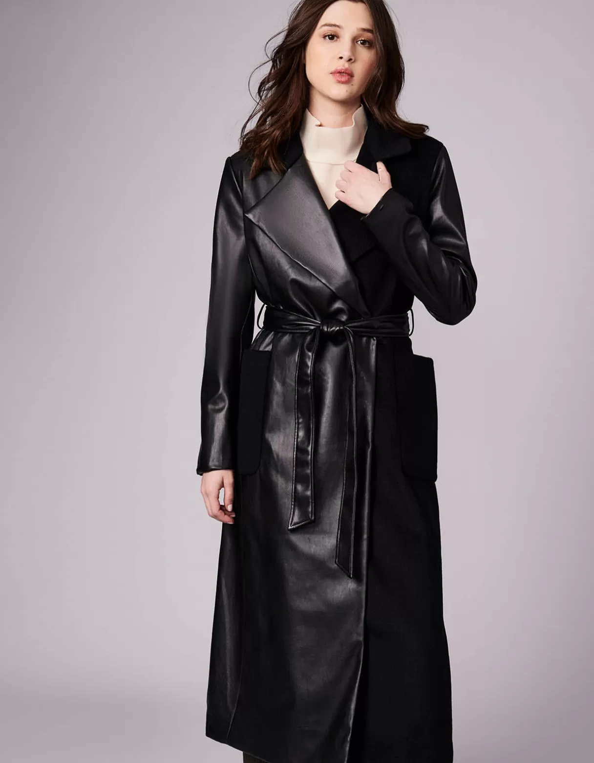 Women Bernardo Fashions Wool>Ceo Vegan Leather Belted Long Coat