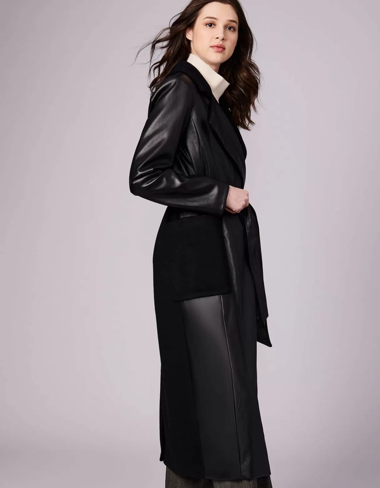 Women Bernardo Fashions Wool>Ceo Vegan Leather Belted Long Coat