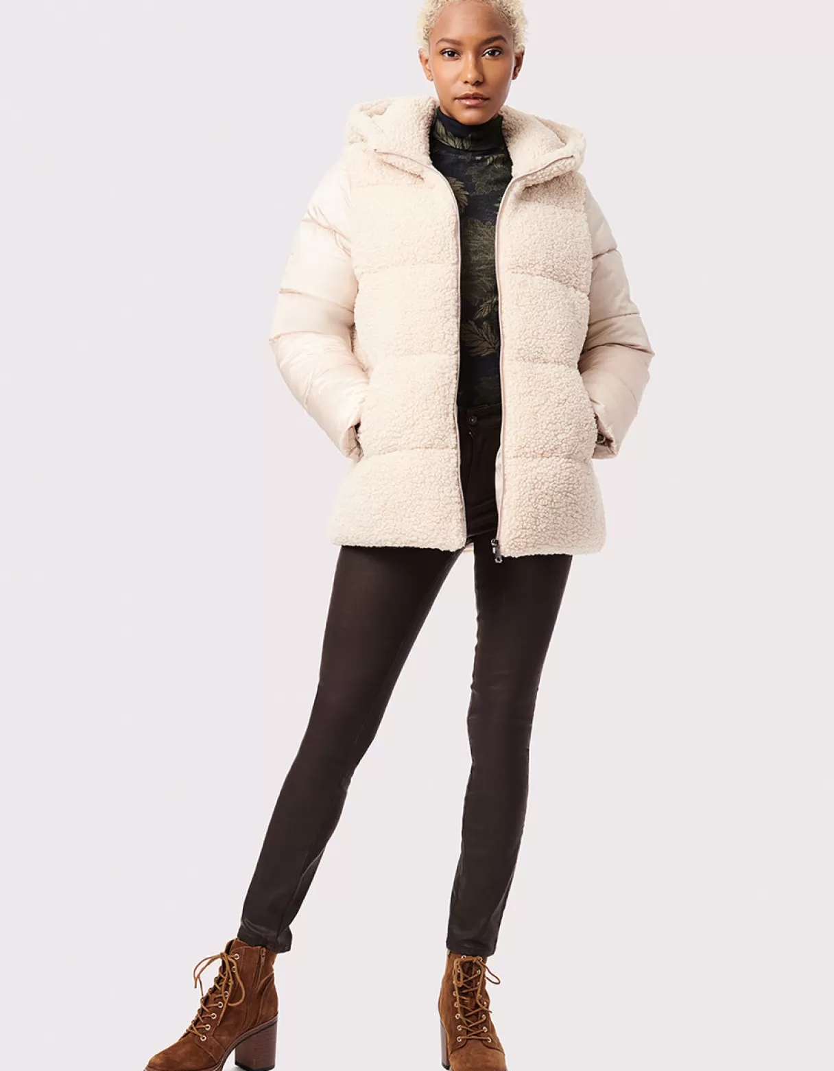 Women Bernardo Fashions Vegan Fur>Cozy Combo Vegan Fur Puffer Jacket