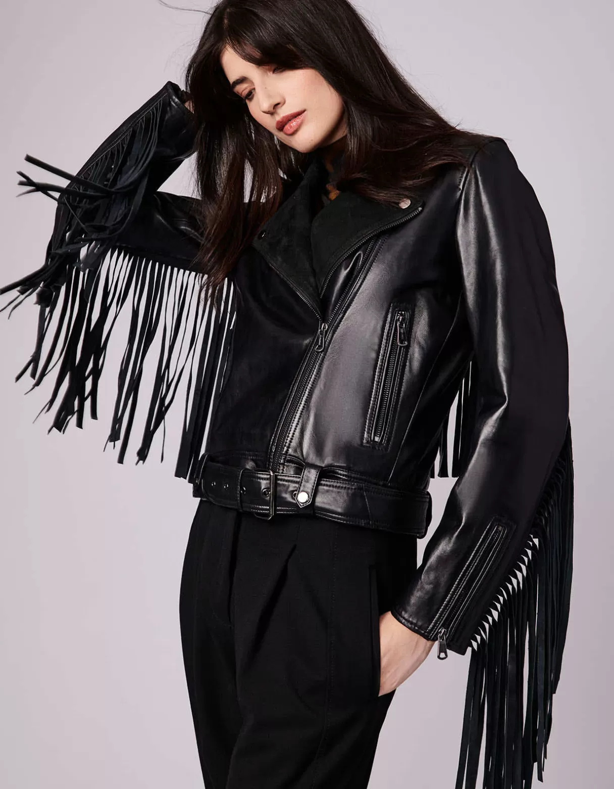 Women Bernardo Fashions Leather>Extended Fringe Leather Moto Jacket