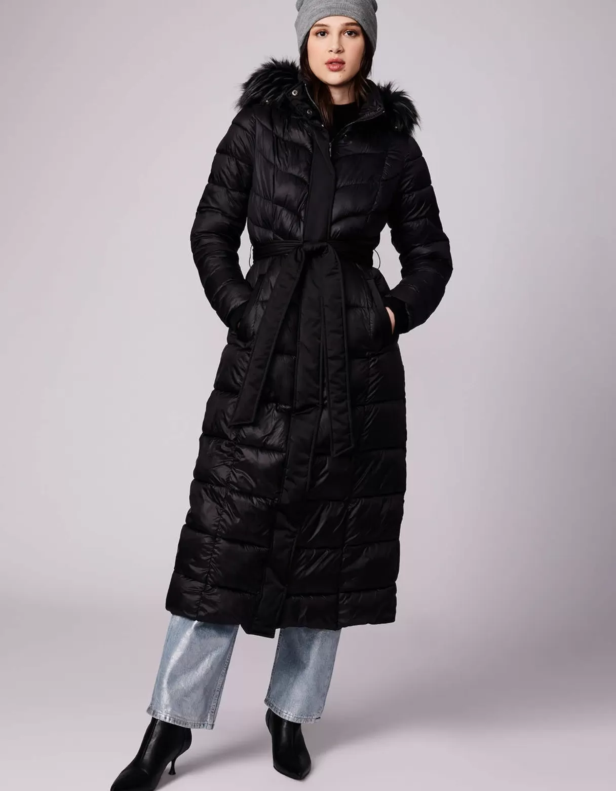 Women Bernardo Fashions Long Coats>Jetsetter Vegan Fur Trim Long Puffer Coat