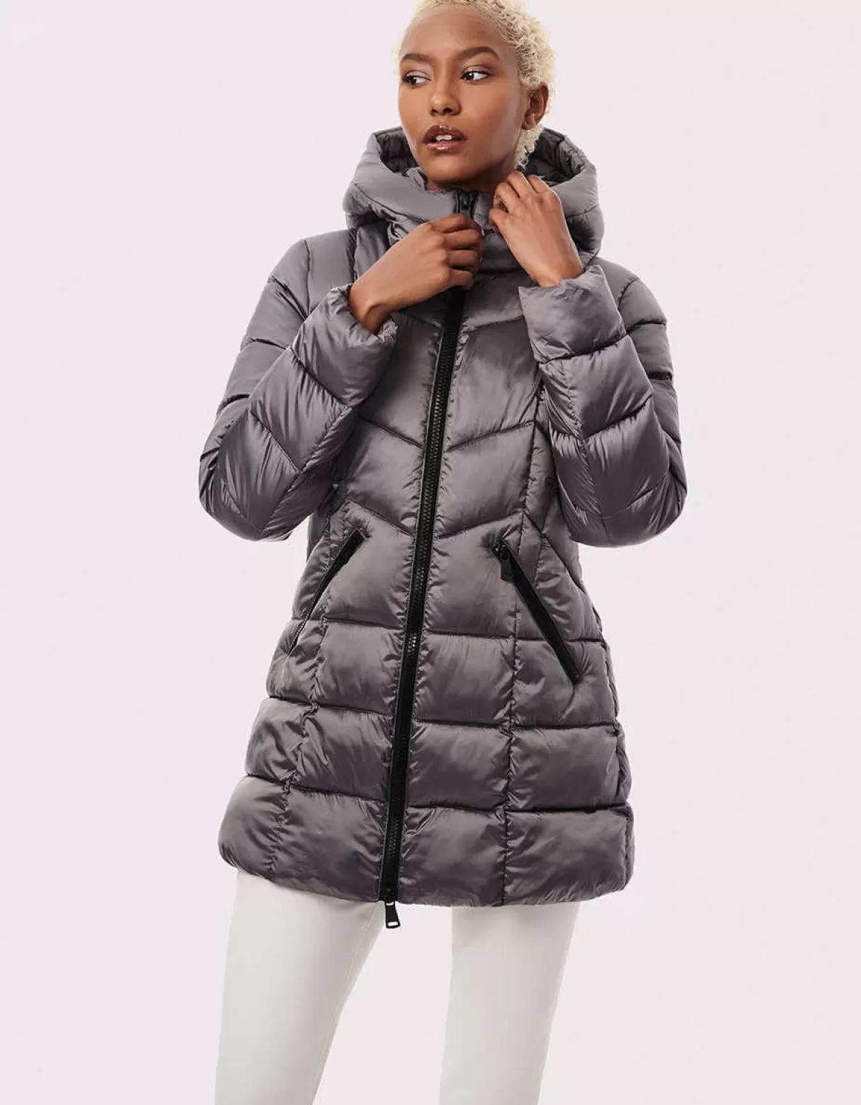 Women Bernardo Fashions Jackets>Metallic Fab Funnel Quilted Puffer Jacket