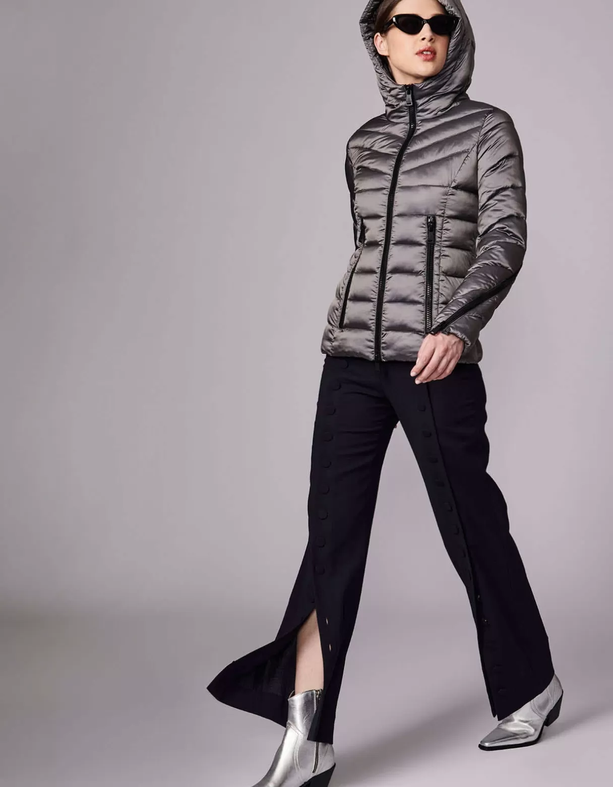 Women Bernardo Fashions Jackets>Metallic Zip Around Funnel Puffer