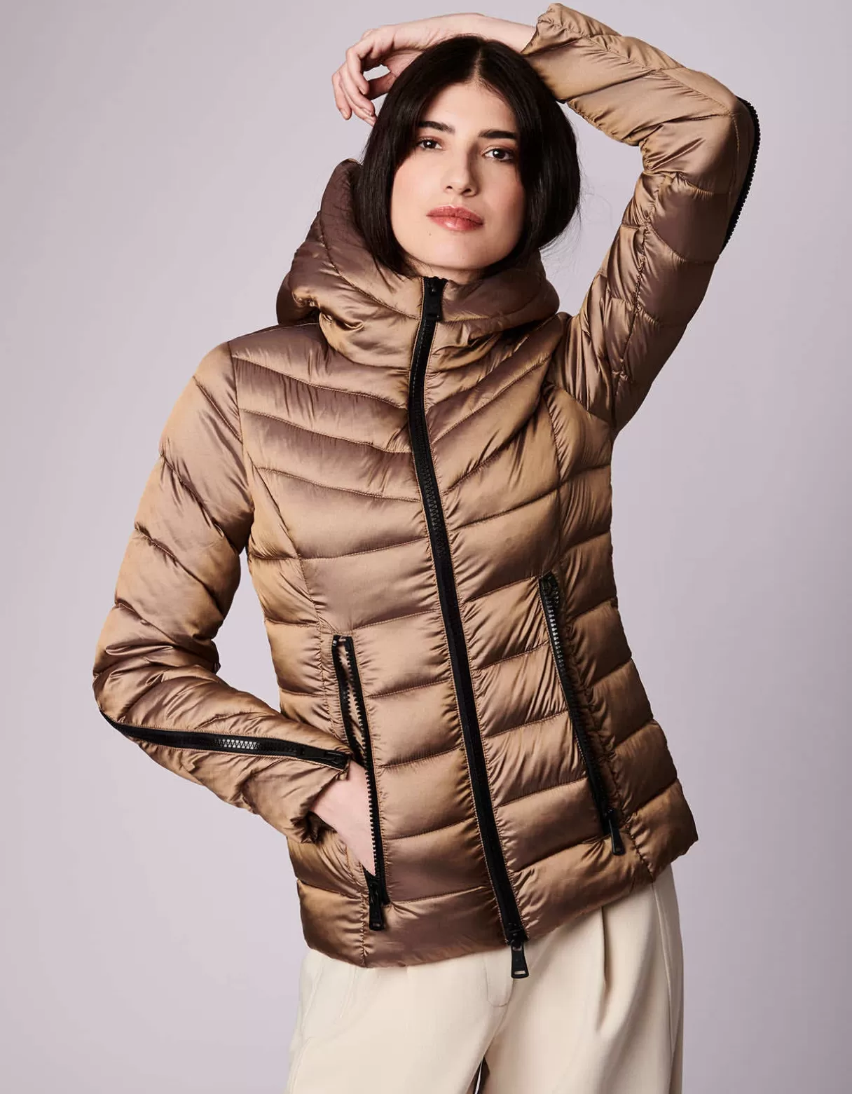 Women Bernardo Fashions Jackets>Metallic Zip Around Funnel Puffer