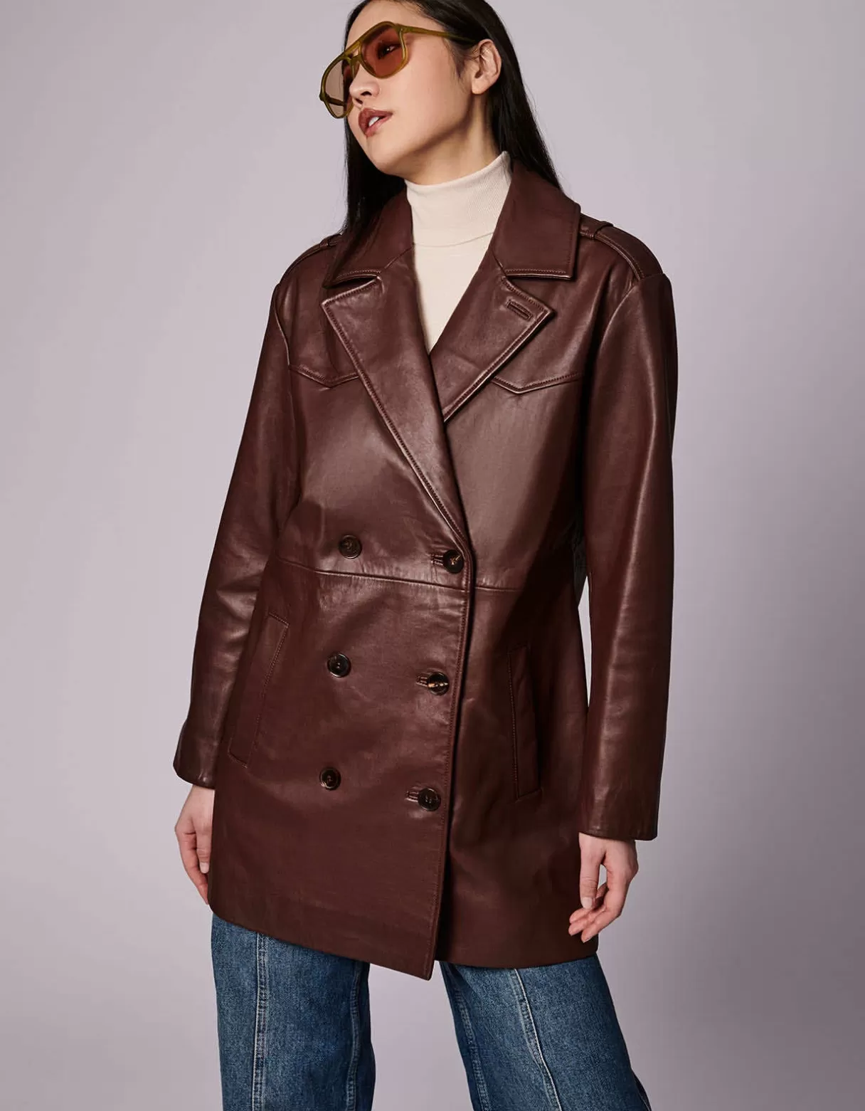 Women Bernardo Fashions Leather>Retro Genuine Leather Double Breasted Jacket